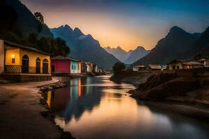 a river runs through a town at sunset. AI-Generated photo