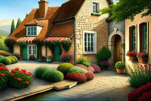 a painting of a house with flowers and plants. AI-Generated photo