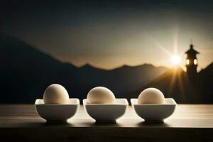 three eggs in white bowls on a table with a mountain in the background. AI-Generated photo