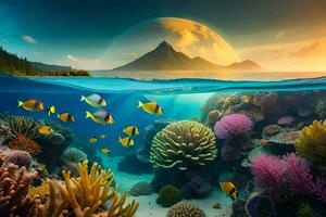 the ocean and coral reefs with an island in the background. AI-Generated photo