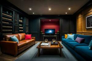 un vivo habitación con azul sofás y un televisor. generado por ai foto
