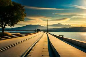 a train tracks on a bridge over water with mountains in the background. AI-Generated photo