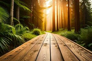 wooden path in the forest at sunset. AI-Generated photo