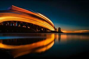 el edificio es iluminado arriba a noche con un largo exposición. generado por ai foto