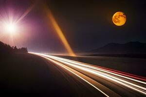 a long exposure photo of a road at night with a full moon. AI-Generated