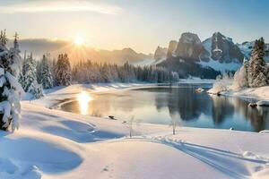 nieve cubierto montañas y un lago en el invierno. generado por ai foto