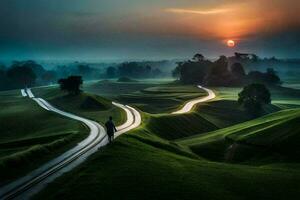 a man walks along a winding road in the middle of a green field. AI-Generated photo