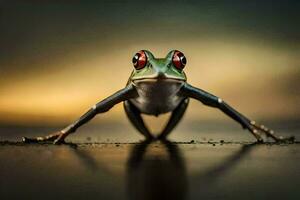 a frog with red eyes standing on the ground. AI-Generated photo