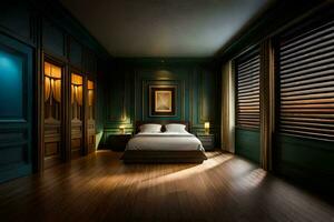 a bedroom with dark wood floors and blue walls. AI-Generated photo