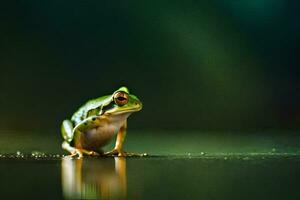 a frog sitting on the ground with a green background. AI-Generated photo
