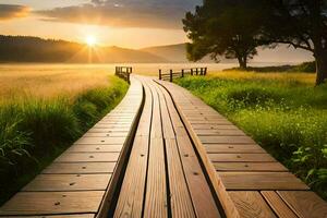 a wooden walkway leads to the sun rising over a field. AI-Generated photo