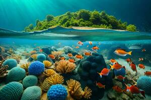 an underwater scene with coral reefs and fish. AI-Generated photo