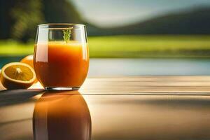 un vaso de naranja jugo en un de madera mesa. generado por ai foto