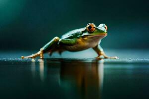 a frog is standing on the water surface. AI-Generated photo