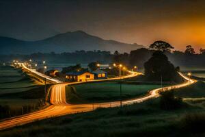 a long exposure photograph of a road and houses in the countryside. AI-Generated photo