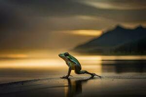 a frog standing on the beach at sunset. AI-Generated photo