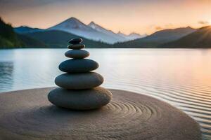 apilado piedras en el medio de un lago a puesta de sol. generado por ai foto