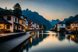 un río en el montañas con casas en cualquiera lado. generado por ai foto