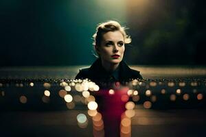 a woman in a black dress is sitting in the water with lights in the background. AI-Generated photo