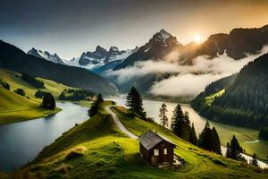 el casa en el montañas, el lago, el montañas, el casa, naturaleza, hd. generado por ai foto