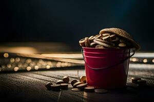 a red bucket filled with cookies on a wooden table. AI-Generated photo