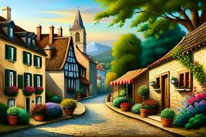 a painting of a street in a village. AI-Generated photo