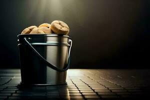 a bucket filled with cookies on a dark background. AI-Generated photo