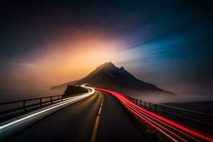 a long exposure photograph of a mountain road at sunset. AI-Generated photo