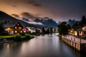 photo wallpaper the sky, mountains, river, houses, mountains, river, house, mountains,. AI-Generated