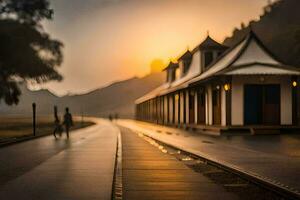 a train station at sunset with people walking on the tracks. AI-Generated photo