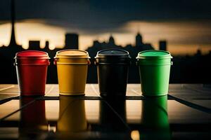 four colorful plastic cups sitting on a table with a city skyline in the background. AI-Generated photo