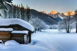 a cabin in the snow with trees and mountains in the background. AI-Generated photo