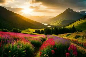 the sun rises over a field of wildflowers in the mountains. AI-Generated photo