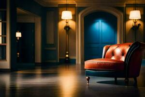 a red leather chair sits in the middle of a room. AI-Generated photo