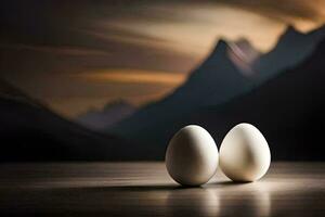 two eggs on a table in front of mountains. AI-Generated photo