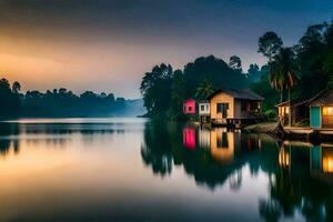 a house on the water at sunset with trees and palm trees. AI-Generated photo