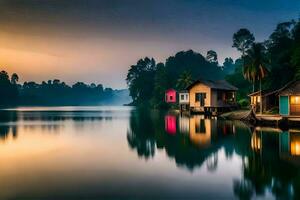 un casa en el agua a puesta de sol con arboles y palma arboles generado por ai foto