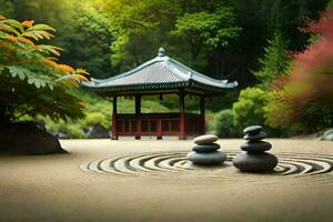 zen garden with stones and pagoda in the background. AI-Generated photo