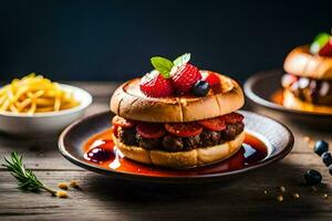 two hamburgers with berries and fries on a wooden table. AI-Generated photo