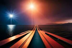 a long wooden pier with a bright sun shining over it. AI-Generated photo