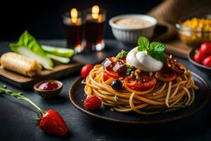 spaghetti with tomatoes, basil and cheese on a black plate. AI-Generated photo