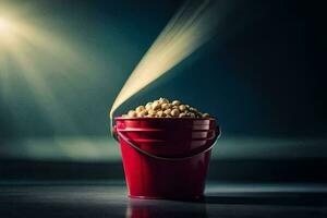 a bucket filled with popcorn on a dark table. AI-Generated photo