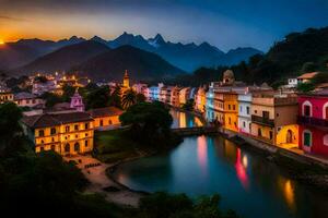 photo wallpaper the sky, mountains, river, buildings, sunset, vietnam. AI-Generated