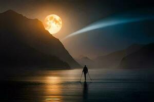 un persona en pie en un paleta tablero en el agua a noche. generado por ai foto