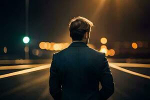 un hombre en un traje soportes en un calle a noche. generado por ai foto