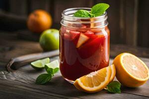 a glass jar with fruit and mint leaves. AI-Generated photo