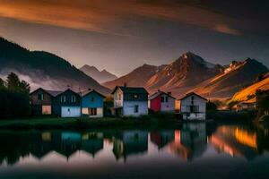 vistoso casas son reflejado en el agua a puesta de sol. generado por ai foto