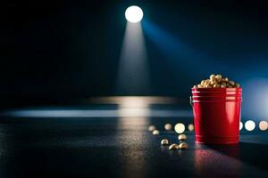 a red bucket with popcorn on a dark floor. AI-Generated photo