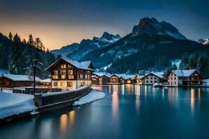 un lago y casas en el nieve a oscuridad. generado por ai foto