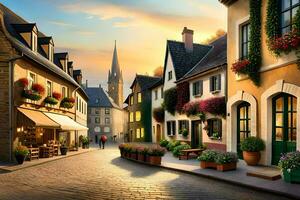 a street in europe with shops and flowers. AI-Generated photo
